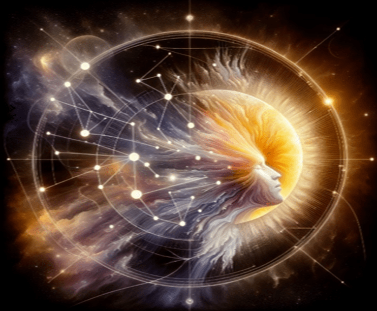 A glowing phoenix rises with connected light nodes in a cosmic swirl.