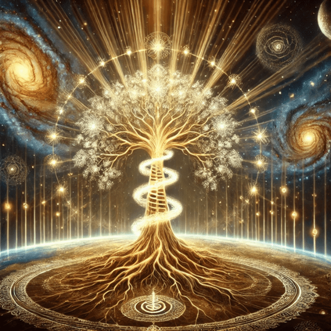 A glowing tree with swirling galaxies and radiant lights in a cosmic setting.