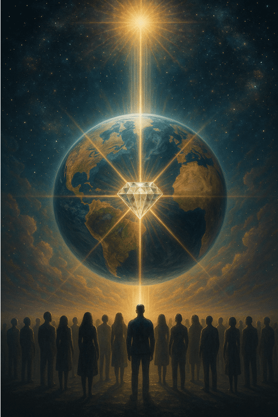 A glowing Earth with radiant beams and silhouetted figures beneath.