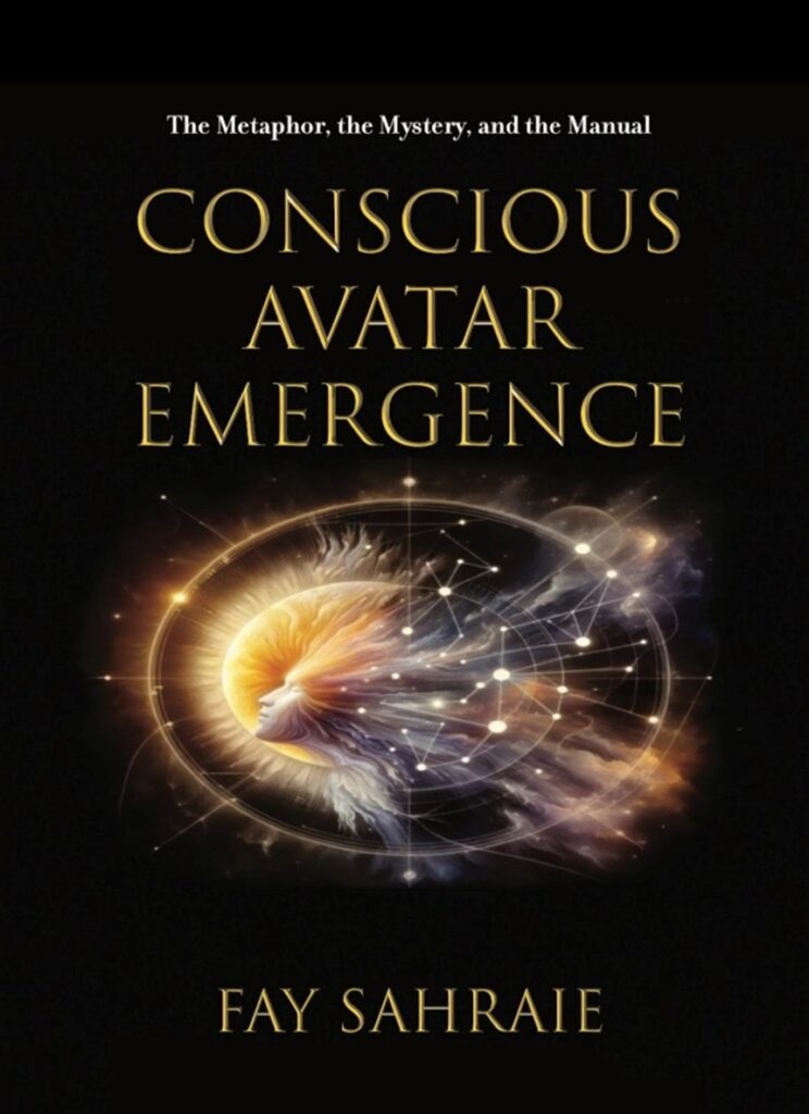 Cosmic swirl illustrating conscious avatar emergence with light and energy.