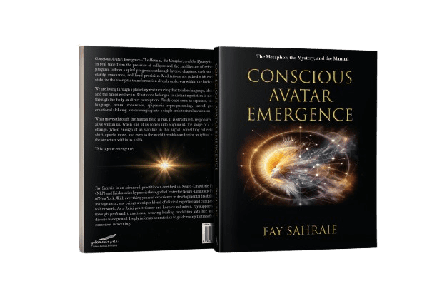 Book cover of "Conscious Avatar Emergence" by Fay Sahraie with cosmic imagery.